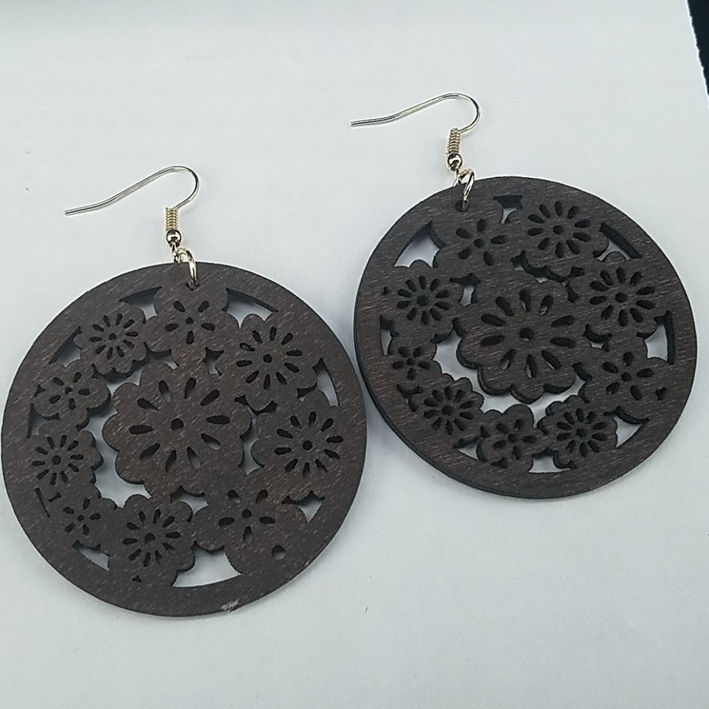 Dark brown laser cut wooden round floral earrings